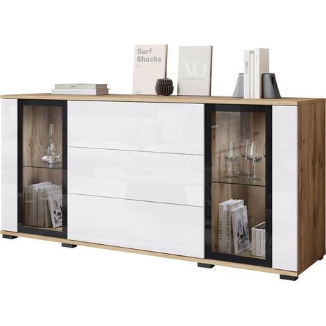 Commode Torcame 101, Chêne wotan + Blanc brillant, Avec tiroirs et portes, Nombre de tiroirs: 0, 70x150x40cm, LED (1/5)