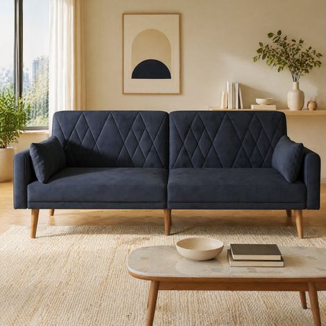 Canapé convertible 2 places, Canapé lit avec 2 coussins 180×75×82cm, dossier inclinable 3 positions, velours, pieds en bois (1/5)