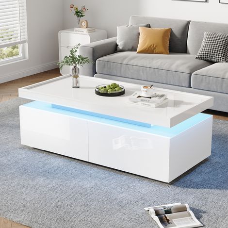 Table de salon LED 95x45x35 cm, table basse blanche brillante avec 2 tiroirs de rangement, style géométrique minimaliste
