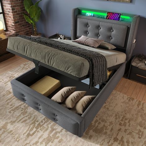 Lit simple rembourré 90x200 cm avec tête de lit LED et chargeur USB-C, sommier à lattes bois sur cadre métallique, mécanisme hydraulique, charge max 150 kg, gris, coton, matelas inclus