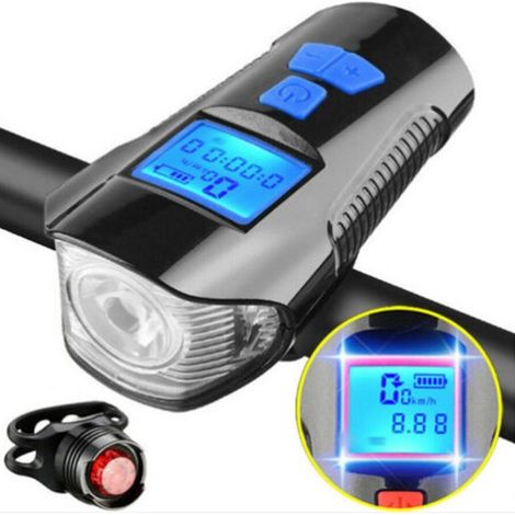Luce notturna per bicicletta, torcia per bicicletta, faro potente, impermeabile, ricaricabile tramite USB, con clacson e tachimetro (1/2)