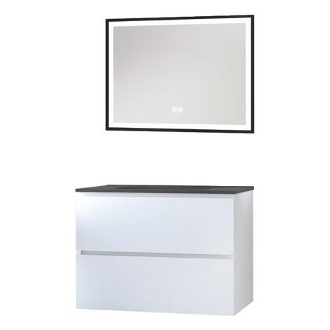 ONDEE ZEN - Meuble salle de bain TRENDY - 80 cm - Blanc mat - 2 Tiroirs - Plan noir + miroir SELENA (1/3)