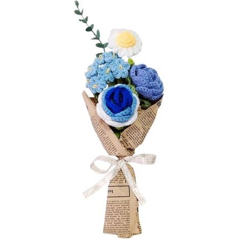 Bouquet tricoté à la Main, Fleurs Simulées Vives avec des Feuilles Vertes pour la Maison, la Cuisine, Le Bureau, la Fête (Blue) (1/5)
