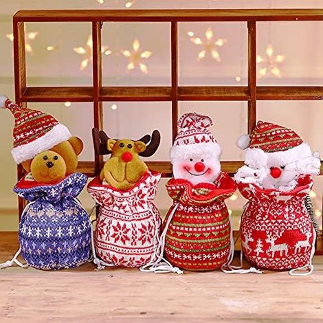 Bolsas navideñas para dulces, bolsas de regalo, bolsas de tela con estampado de manzanas en 3D, 4 unidades bolsas de almacenamiento para muñecos de Papá Noel y muñecos de nieve (tejidas), 4 unidades ( (1/4)