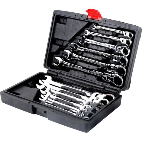 Jeu de 12 clés mixtes à cliquet 8-19 mm – Acier chromé – Coffret de rangement – 5 angles de rappel pour accès difficile – Jeobest
