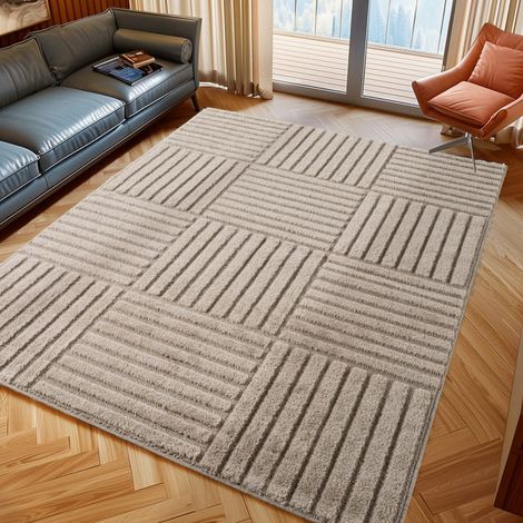 Tapis moderne 3D beige 60x110 cm – Design géométrique élégant – 100% polypropylène – Épaisseur 8 mm – Certifié Oeko Tex