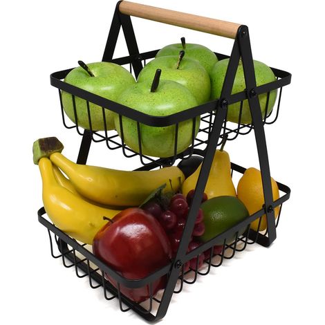 Panier à fruits à 2 niveaux, panier de rangement noir, porte-fruits, panier à pain, panier à collation en fil (1/5)