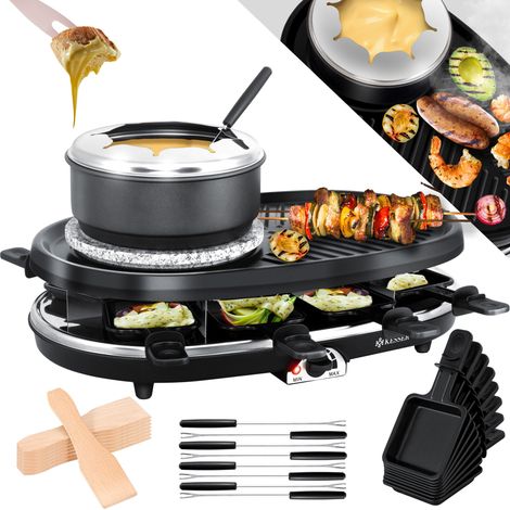KESSER® 3in1 Raclette-Grill mit Naturgrillstein Grillplatte und Fondue Tischgrill für 8 Personen Elektrogrill Raclette Grill antihaftbeschichtet inkl. Fondue