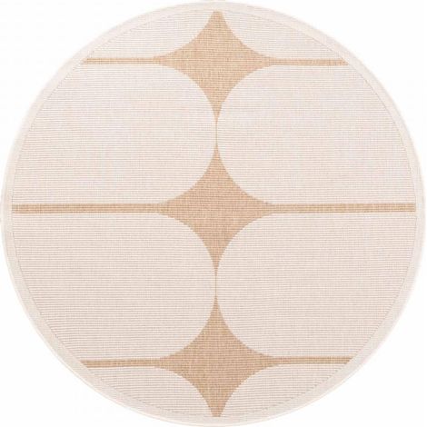 Tapis exterieur 160 x 160-rond cm, motif géométrique kilim, beige, marron, forme rond authentique, structure graphique, idéal pour terrasse