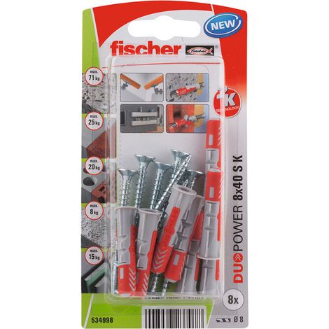 Fischer – Blister de 8 chevilles DuoPower Ø8x40mm – Pour béton armé – Vissage rapide en série – Résistance accrue