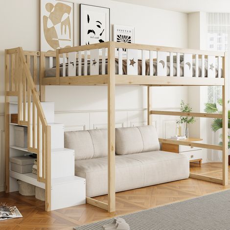 Lit mezzanine 140x200 cm avec escalier et etagères, en bois, naturel et blanc (1/5)