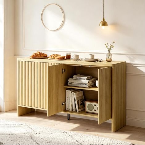 Mueble TV 147 x 40 x 77 cm de MDF, color roble, con puertas push-to-open DESVIAE (1/5)