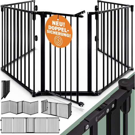 CASARIA® Kaminschutzgitter Baby mit Sicherheitstür Metall ohne Bohren 306x76cm Hundegitter Kinderschutz Türschutzgitter Absperrgitter Schwarz