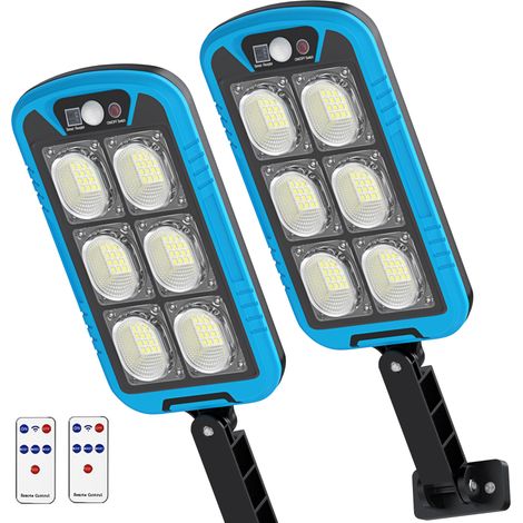Lot de 2 lampes solaires d'extérieur, lampadaires solaires 150 LED 3 modes avec capteur de mouvement et télécommande IP65 étanche pour cour, bleu (1/5)