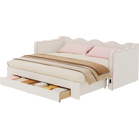 Lit banquette extensible 90x200 cm en bouclé beige, avec rangement, pour chambre FloraGrace (1/5)