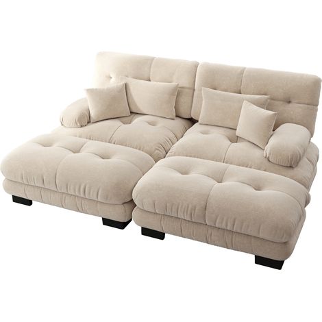 Divano angolare modulare in ciniglia marrone chiaro con 2 cuscini lombari e 2 pouf (1/5)