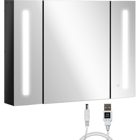 Meuble de salle de bain mural avec miroir en MDF, comprenant 3 portes, 3 étagères et un éclairage LED, 90 x 15 x 65 cm, noir