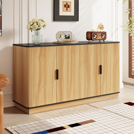 Buffet avec 4 portes - 139x40x75 cm - Motif ondulé - Finition imitation bois - Panneaux de particules - Naturel