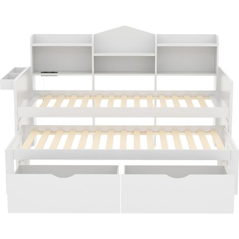 Lit banquette 90x200 avec lit gigogne 90x190, lit simple avec tiroirs, port USB et rangements, structure en bois blanc (1/5)