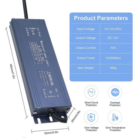 IP67 Wasserdichter LED-Treiber-Schaltnetzteil-Transformator-Adapter AC 110V-220V auf DC 12V 120W Dauerleistung