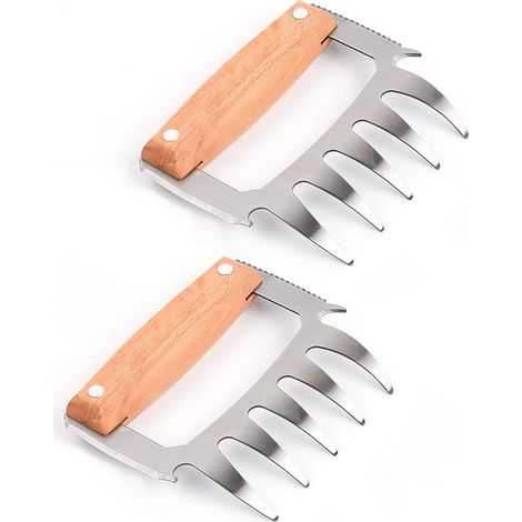 Griffes À Viande - 2 Pièces - Acier Inoxydable Et Bois - 5 En 1 - Barbecue Et Cuisine - 8,5x12,1x10 Cm (1/5)