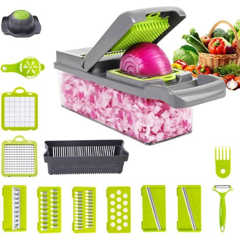 Cortador de verduras multifuncional 12 en 1, manual, profesional, con 7 cuchillas ajustables, ideal para cebollas, tomates, zanahorias y pepinos. (1/4)