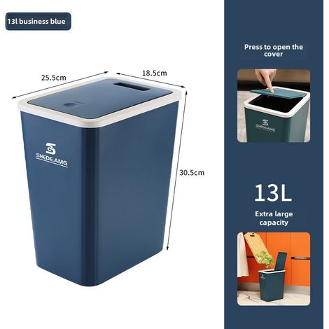 Cubo de basura de plástico de gran capacidad con tapa, venta al por mayor, para dormitorio, sala de estar, cocina, baño, con espacio separador especial para el inodoro (cubo azul profesional) (1/5)