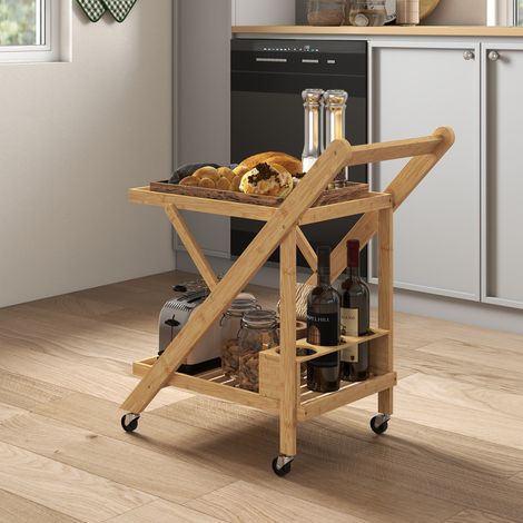 Desserte de cuisine en bambou chariot de service pliable 2 plateaux 4 roues 3 casiers à vin 66 x 40 x 70 cm bois - naturel