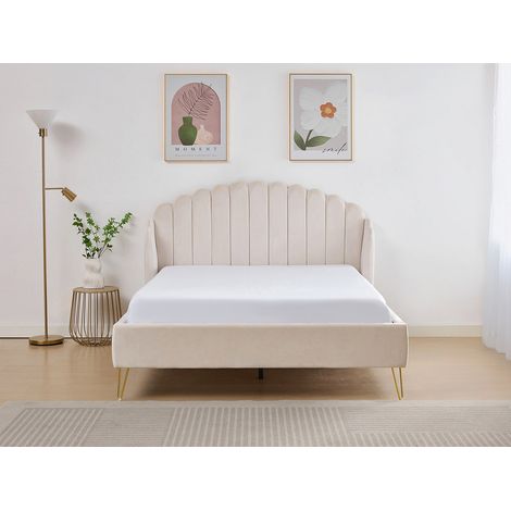Lit 160 x 200 cm avec tête de lit ondulée - Velours - Beige - SAGALI (1/4)