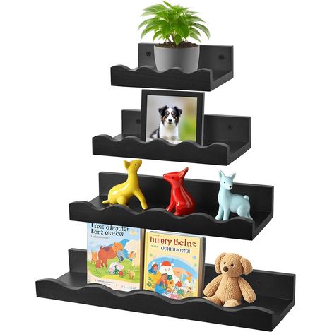Lot de 4 Étagère Murale Bois, Étagère Flottante Noir des Tailles Différentes Étagère Murale de Décoration de la Maison, Adaptée à la Cuisine, à la Salle de Bain, au Bureau, au Salon (1/5)