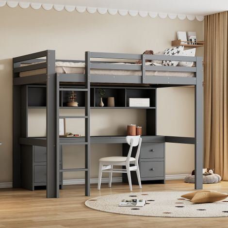 Hochbett, Kinderbetten, Bett oben, Tisch unten, Großer Stauraum, Hohes Geländer, Stabile Treppe