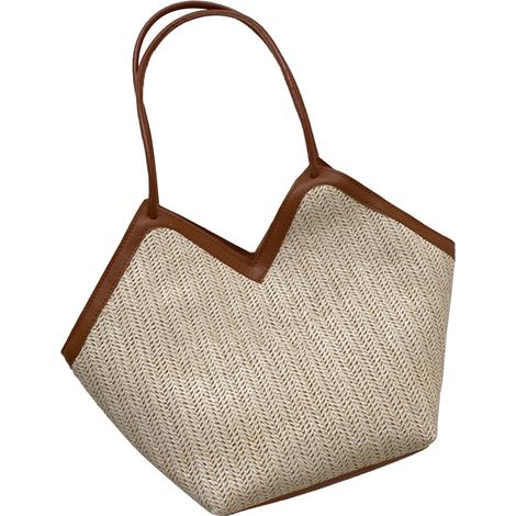 Sac à épaule femme grande capacité, cabas en paille et cuir classique marron, sac à main bandoulière (1/5)
