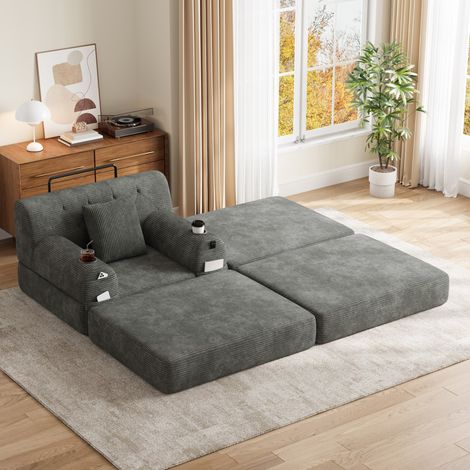 Sillón cama individual de pana con puf, respaldo alto, gris oscuro (1/5)