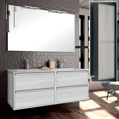 Ensemble meuble de salle de bain 120cm double vasque + colonne de rangement - hibernian (bois blanchi) - IRIS (1/5)