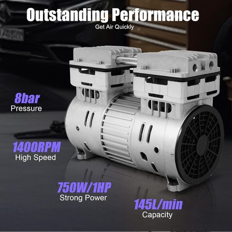 Flüsterkompressor 8 Bar Motor Ölfreies Kompressor Aggregat 145L/min Kompressoraggregat 750W/1HP Luftkompressor Kopf Leise Silent Druckluft Luftkompressoren Zubehör