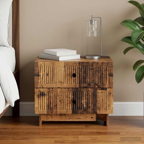Table de chevet vintage avec 2 tiroirs en bois d’ingénierie, bois ancien, 62 x 34,5 x 47,5 cm - PANGIVO (1/5)