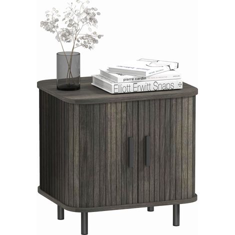 HOMCOM Nightstand with Sliding Doors and Metal Legs Grey (1/5)