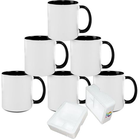 Sublimation Blanks Tasses à café en céramique pour lave-vaisselle avec tasse de couleur noire à l'intérieur et à la poignée Tasse à boire pour thé au lait, eau de cola, 11 oz, lot de 6 (1/5)
