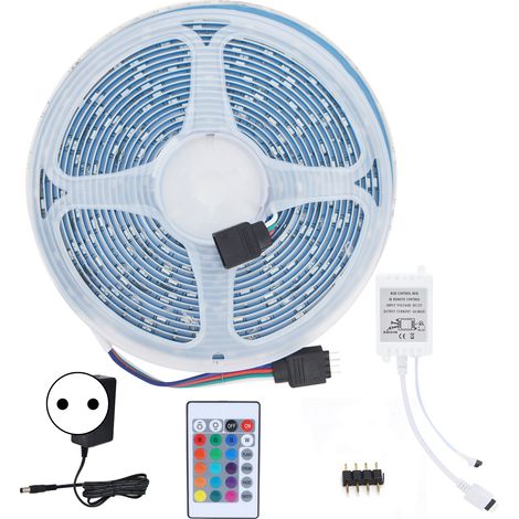 Kit ruban LED 3528 5m/16.4ft, 300LED RGB étanche avec télécommande 24 touches, adaptateur EU 100-240V, pour décoration intérieure. (1/5)