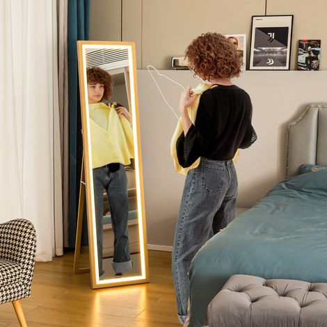 Déco Grand miroir pleine longueur mural ou sur pied rectangulaire 40 x 160 cm avec éclairage LED 3 couleurs chêne