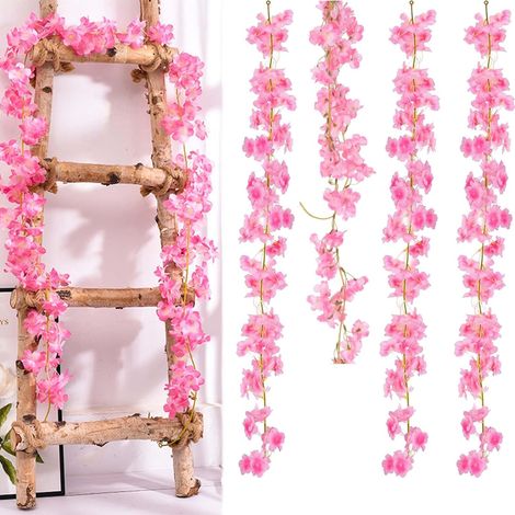 Guirlande Fleurs Artificielles, 4pcs 180cm Fleurs Artificielles Deco Sakura,Plantes Artificielles Interieur Sakura Rose Foncé, Guirlande Fleur Deco