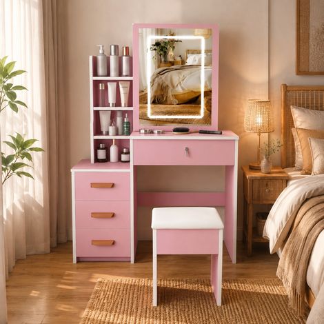 MEUBLIV Toeletta 85x34x130 cm rosa con specchio LED e 4 cassetti (1/5)