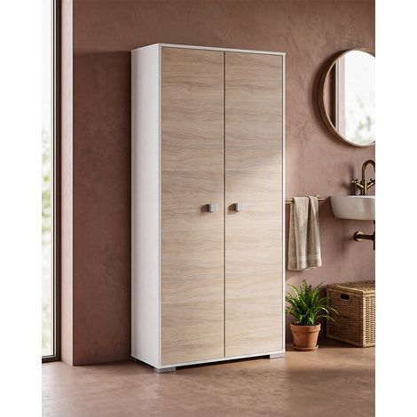 Armadio multiuso Sonia 2 ante - Mobile portascopa salvaspazio - 6 ripiani interni e un vano portascope - Colore ante Olmo e struttura Bianco - 75x180x35 cm (1/5)