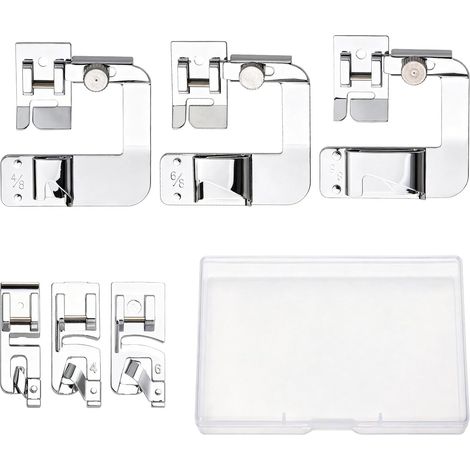 Kit de 6 Pieds de biseau pour Ourlet roulé — Pieds pour Ourlets Larges et étroits avec boîtier de Rangement, Compatible avec Les Machines à Coudre à Levier Bas (1/5)