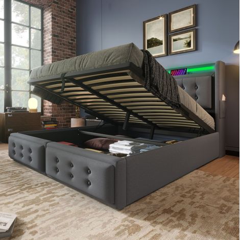 DESVIAE Lit double rembourré 140 x 200 avec tête de lit LED et ports USB USB C coffre de rangement sommier à lattes matelas inclus gris (1/5)