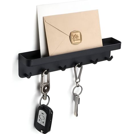 TOJ Living Porte-clés mural 6 crochets – Organiseur de courrier – Auto-adhésif – Acier inoxydable – 25 cm – noir mat (1/4)