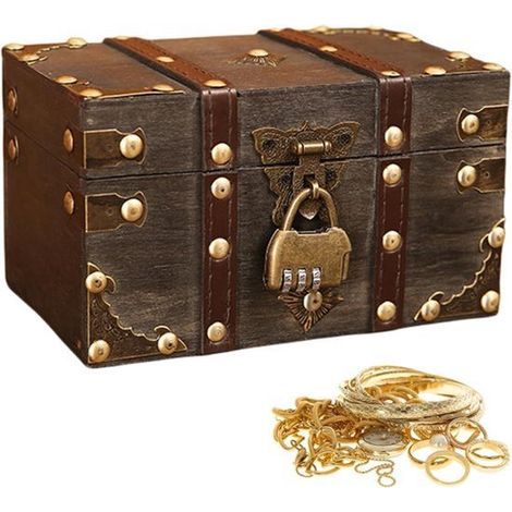 Vintage wooden mini treasure chest with combination lock, measuring 18x11x10 cm, a children's jewelry box that can be used for storage and decoration. (1/5)