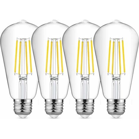 Lot de 4 ampoules à filament LED E27 ST64, 8 W 6500 K blanc froid vintage, ampoules antiques Edison vintage (1/4)