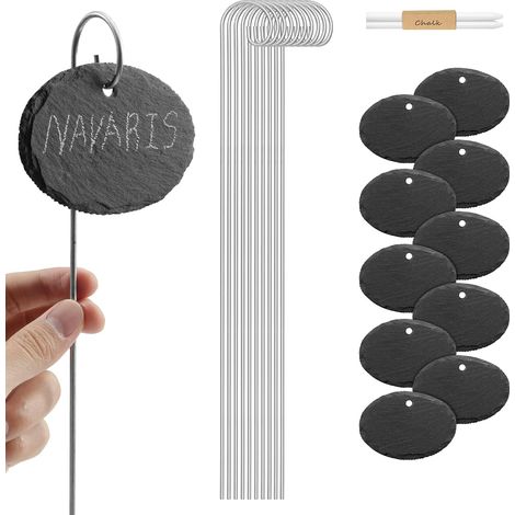 10 - Étiquette Potager - Ardoise Ovale - Tige Métal 40 cm - Marque-Plante Réutilisable Jardin Balcon Légumes Fleurs Noir 10 x 7 cm