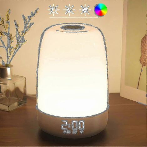 Veilleuse tactile avec réveil simulateur d'aube et lampe de chevet à lumière blanche chaude réglable sur 3 niveaux -q (1/4)